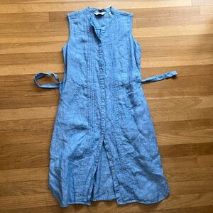 L.L.Bean Linen Sleeveless Shirtdress Blue Button Front Belted Size 8